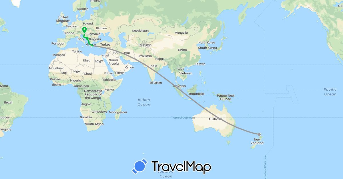 TravelMap itinerary: driving, bus, plane, boat in Albania, Bosnia and Herzegovina, Greece, Croatia, Montenegro, New Zealand (Europe, Oceania)
